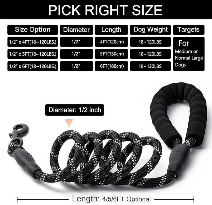 2 Pack Dog Leash, 4/5//6 FT Heavy Duty Nylon Rope Pet Leashes with Comfortable Padded Handle, Reflective Dog Leashes for Small Medium and Large Dogs (6FT-1/2,Black/Orange)