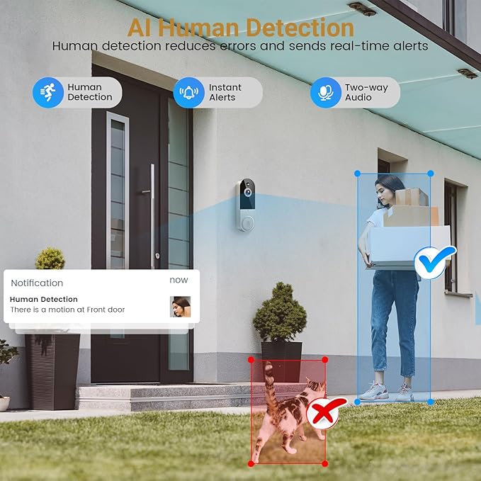 1080P Video Doorbell Camera, Wireless Indoor/Outdoor Surveillance Camera, Cloud Storage, 2.4G WiFi Only, AI Human Detection, Instant Alert, Night Vision, Two Way Audio (Linen)