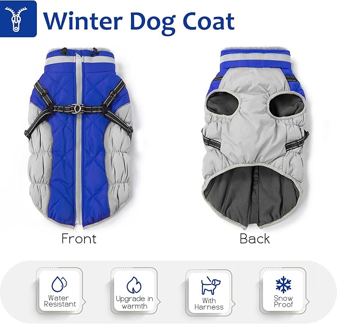 Dog Winter Coat with Harness, Dog Jacket, Pet Clothes with Zipper on Back, Waterproof Windproof Warm Vest, Reflective Cold Weather Coats, for Small Medium Large Dogs, Thick, Blue, XL
