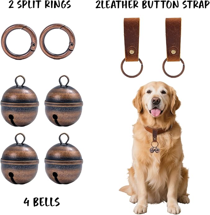 Loud Dog Collar Bells, Durable Pet Bells Tracker for Large Dogs, 4 Copper ells and 2 Leather Button Strap for Outdoor Safety, Pet Tracking, Hiking, Walking