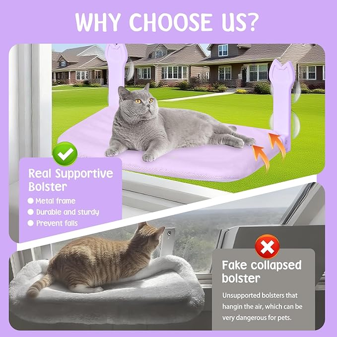2 Pack Cat Window Perch,Cat Window Hammock Cordless Foldable Window Bed with 4 Large Strong Suction Cup,Reversible Cushion Cover,Metal Frame Easy to Adjust Window Seat Holds up to 40lbs(Purple,M)
