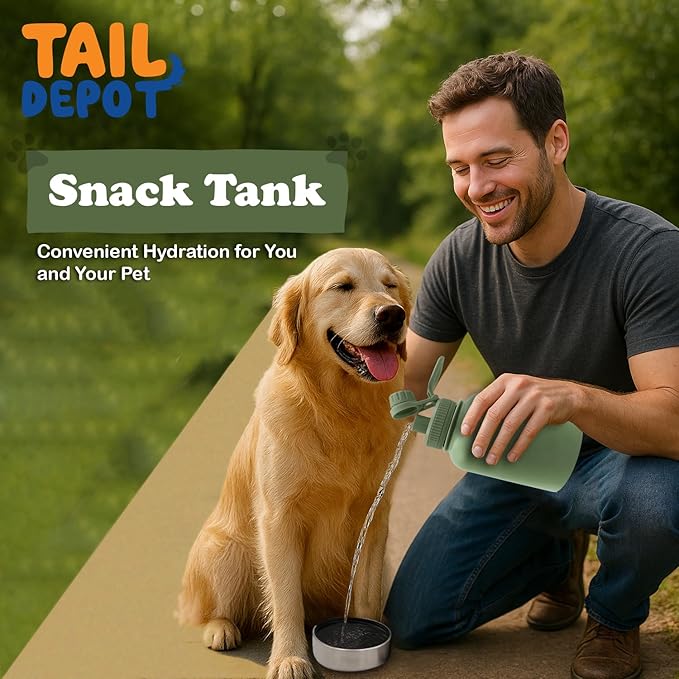 Tail Depot Snack Tank Dog Water Bottle Portable, Pet Water Bottles for Puppy with Food Container, Leak Proof Pet Dispenser for Cats, Small Animals, Dog Gift Accessories Walking, Hiking (1 Liter)