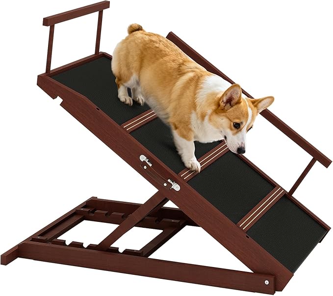 Walnut Wooden Dog Ramp for Bed Folding Pet Ramp for Dogs,Including Non Slip Mat & Safety Side Rails Adjustable Dog Bed ramp from to Up to 132 lbs