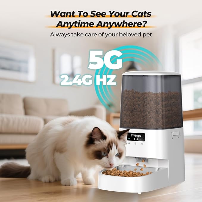 Cat Feeder Automatic - Cat Food Dispenser MeowServe S20, Auto Dog Feeder with Stainless Steel Bowl, 5L Pet Feeder with Patented Anti-Jam Port, App, Dual Lock Lid, Dual-Band WiFi & Power, White