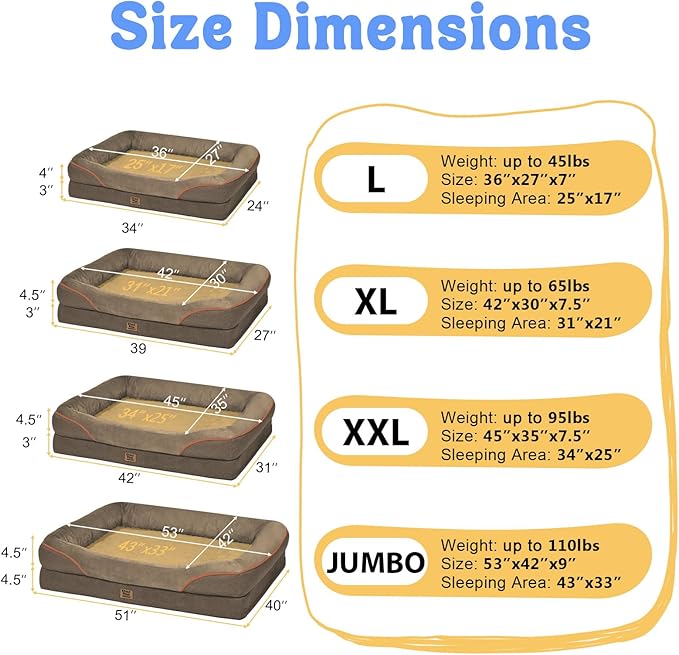 Washable Orthopedic Large Dog Bed -XL Large Dog Bed with Removable & Waterproof Cover Pet Beds with Foam Support for Big Size Dogs with Bolster