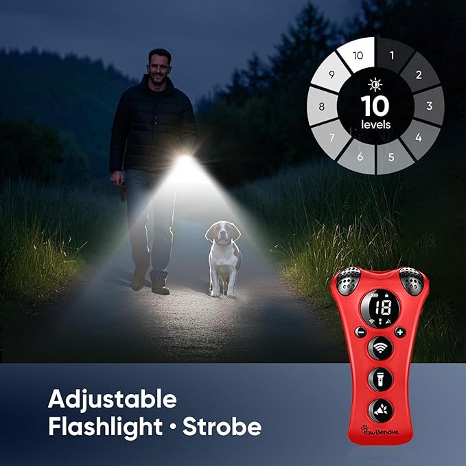 Ultrasonic Dog Bark Deterrent Device β10-Level Adjustable Anti Barking Trainer with Flashlight, Strobe, E-Clicker(18 Whistle Sounds)βNo Shock, Collar-Free Dog Behavior Correction Devices