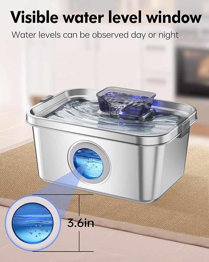 Dog Water Fountain 2 Gal, Stainless Steel Dog Water Fountain for Large Dogs Multi-Cats, Pet Water Fountain with Big Window, Super-Quiet Pump, Indoor Automatic Dog Water Bowl Dispenser Fountain Filters