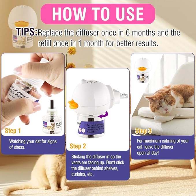 Cat Calming Pheromone Diffuser Reduces Conflict Between Cats Effective Anxiety Relief for Cats & Cat Calming Soothing 48ML 3 Refills Fits All Cats, 3 Packs
