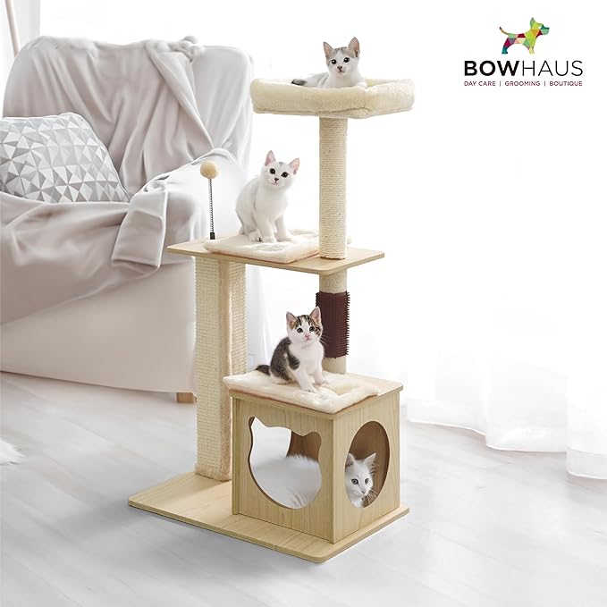 42” Wooden Cat Tree Tower for Indoor Large Cats & Kittens, Modern Tall Cat Climbing Tree w/Cave Condo, Scratching Posts, Perch, Multi-Level Cat Tower w/Interactive Ball & Detachable Cushion