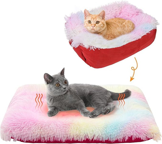 SCENEREAL Self Warming Cat Bed, Heated Cat Bed Mat for Cats Small Dogs, 2 in 1 Soft Plush, Washable Pet Pad for Indoor Outdoor Kitten Puppy, Colorful 28" x 24"
