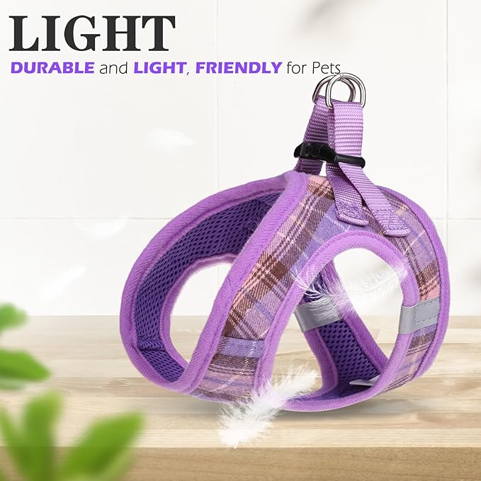 EXPAWLORER Classic Plaid Puppy Harness - Small Dog Harness and Leash Set - Dog Collar and Leash Set with AirTag Holder, Soft Padded Step in Dog Vest Harness No Pull Reflective for Outdoor, Purple M
