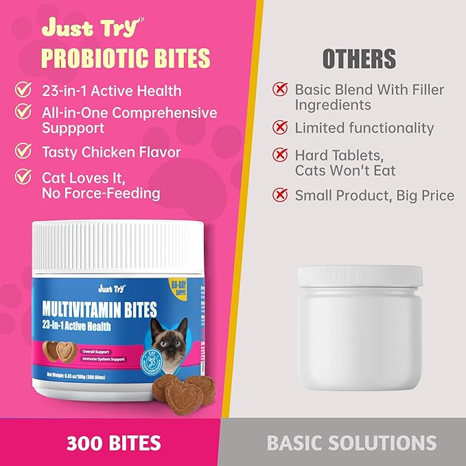 Just Try 23 in 1 Taurine for Cats Vitamins Treats with L-Lysine for Immune, Joint Support Skin & Coat & Heart Health - Multivitamin, Omega 3, Biotin Supplements for Indoor & Senior Cats - 300 Bites