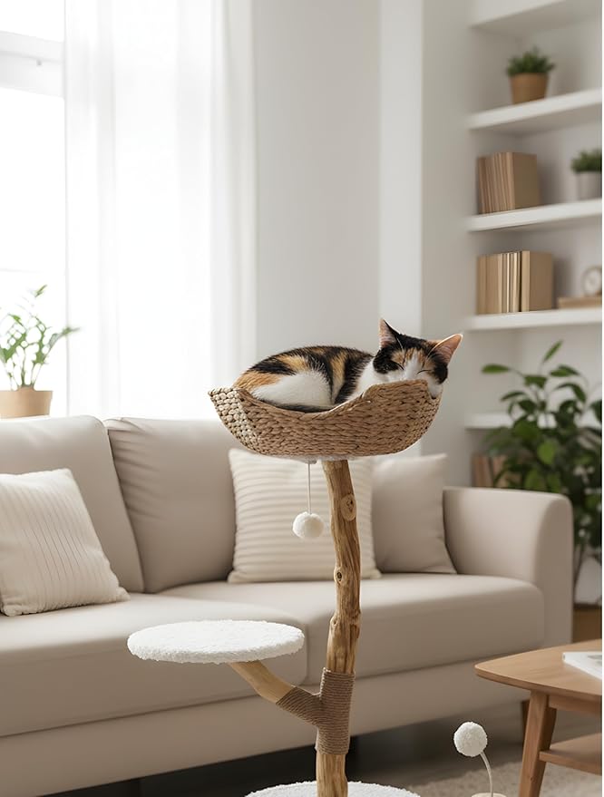 Real Wood Modern Cat Tree Tower for Indoor Cats โ Multi-Level Stylish Cat Condo with Woven Basket, Plush Cushions, Scratching Post, Cave & Toys, White