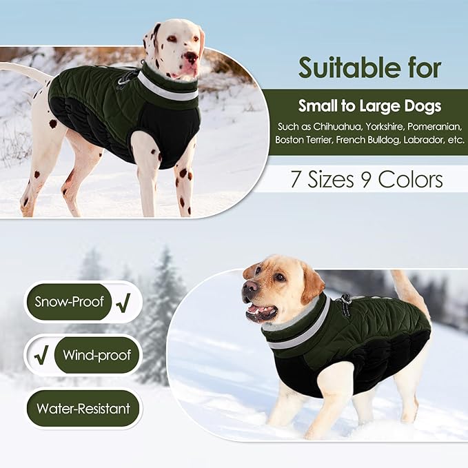 AOFITEE Dog Coat, Warm Dog Jackets for Large Dogs, Reflective Turtleneck Dogs Winter Coat with Harness Built in, Waterproof Windproof Pet Snow Jacket Fleece Vest for Cold Weather, Green XXL