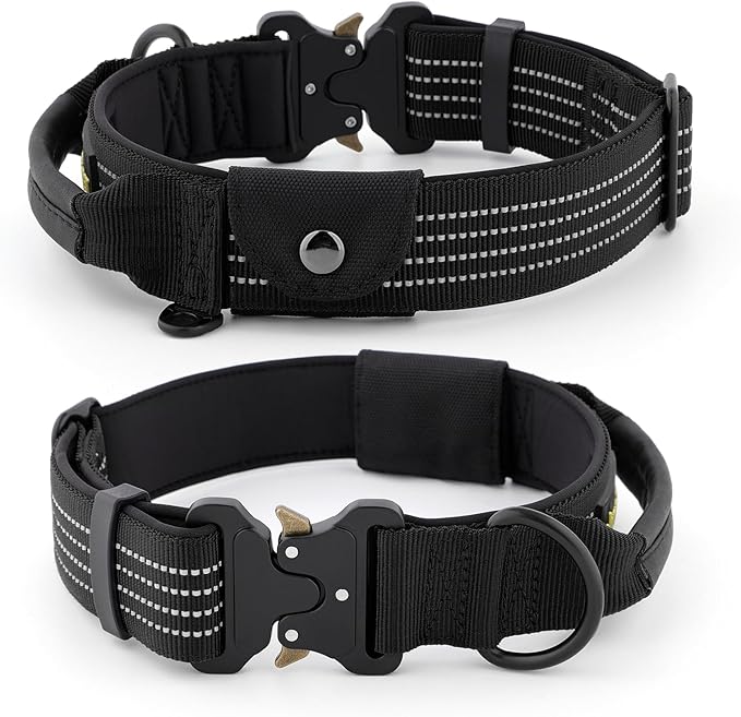 Plutus Pet Tactical Dog Collar with Tracker Packet for AirTag, Adjustable Reflective Nylon Collar, Metal Buckle, Leather-Wrapped Handle, Soft Padded for Medium Large Dogs (Black, S)
