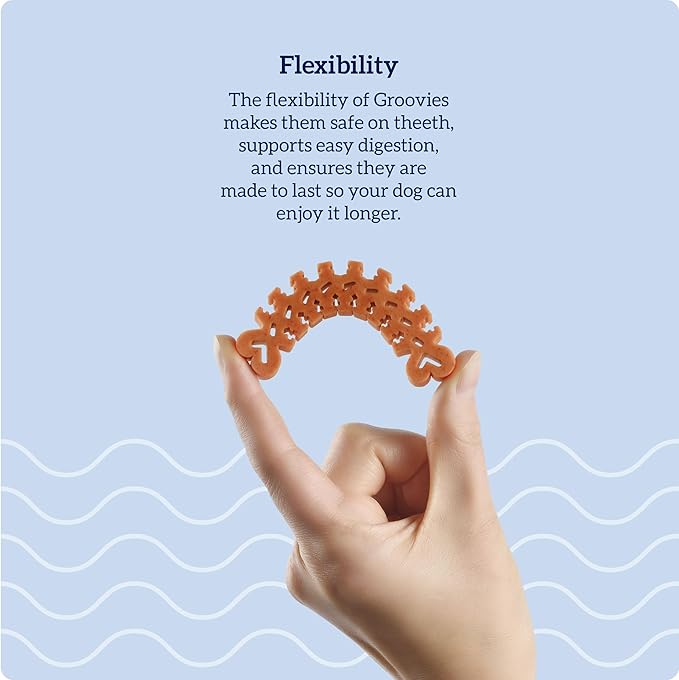 Groovies Slightly Softer, Yet Flexible Dental Chew for Senior Dogs & Delicate Chewers. Powered by USA-Patented DentalFit Tech. No Added Gluten, No Artificial Flavors or Colors. 27oz XLarge (18Chews)