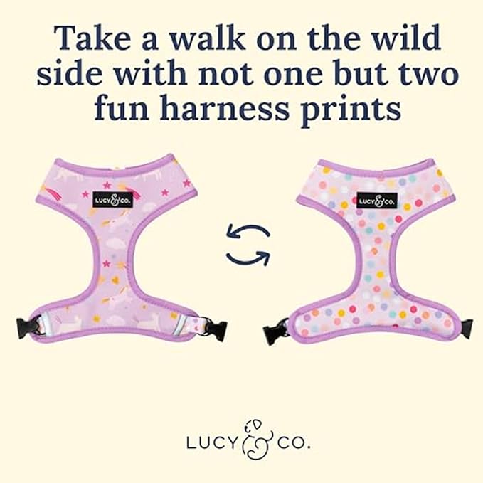 Lucy & Co. Cute Reversible Dog Harness Walking Halter - Best Designer Pet Harnesses for XS - XL Dogs - Padded Adjustable Vest for Easy Walking (Small, Unicorn Magic - Purple & Pink Unicorns)
