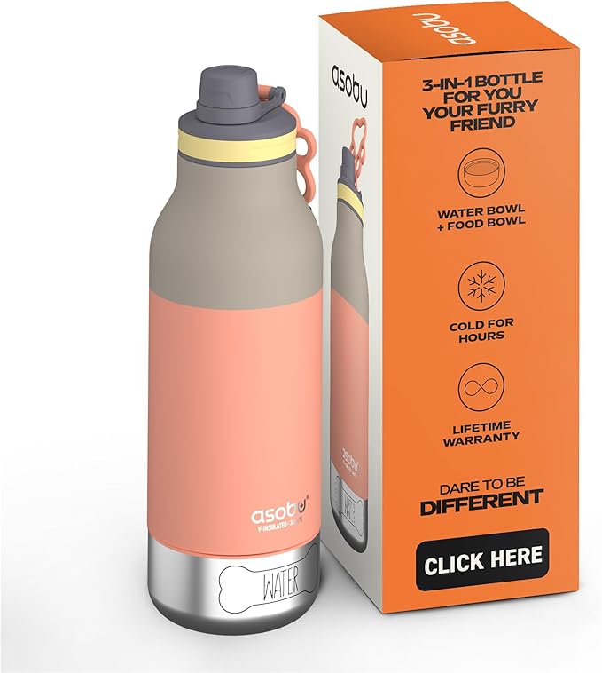 Asobu Dog Barky Bottle – Insulated Stainless Steel Water Bottle with 2 Removable Dog Bowls for Food, Treats & Water – Pet-Friendly Travel Bottle for Hiking, Road Trips & Outdoor Adventures