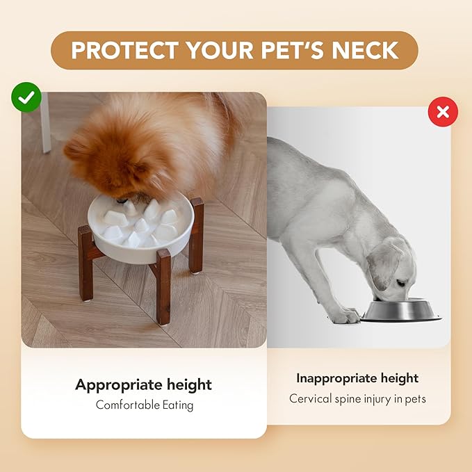 Ceramic 1.2 Cup Dog Raised Slow Feeder Set, Elevated Bowl with Wooden Stand for Medium and Small Dog, 7.3inch Slow Feeder Dish for Fast Easters(Single Bowl+ Stand, Reactived Glaze -White)