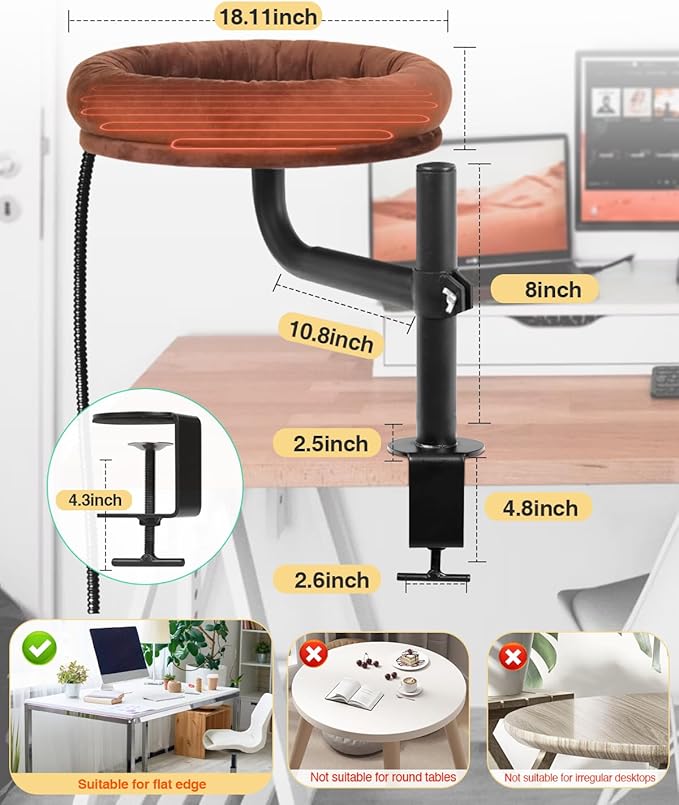 Cat Bed for Desk,Keeps Kitten Close and Workspace Clear Cat Bed,Height Adjustable and Rotatable,Drilling-Free(Heated Brown,18.5" Lx17.5 Wx17.5 W)