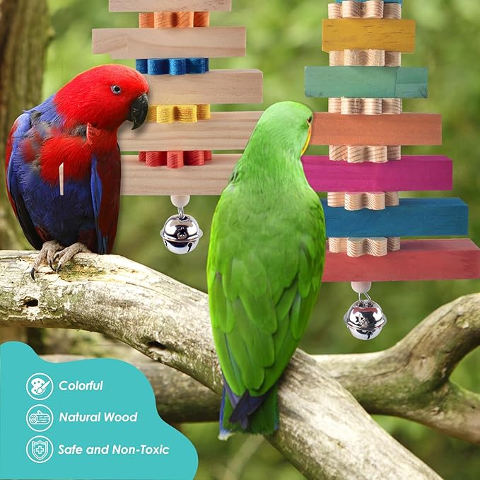 2 Pcs Bird Toys for Parrots, Colorful Natural Large Parrot Toy Hanging Chew Wood Block with Bell for Medium to Large Cockatiels, Conures, African Greys, Amazon
