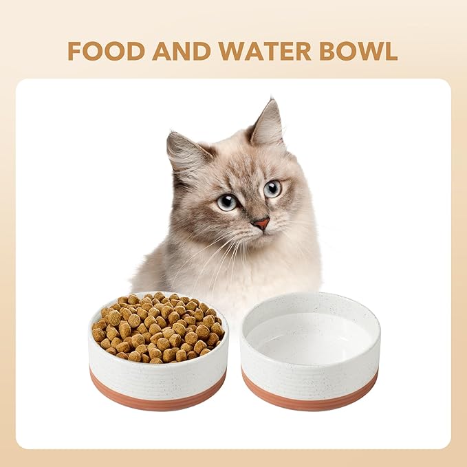 Ceramic 5.1inch Set of 2 Dog and Cat Bowls for Puppy, Kitty, Cats, 2pcs Anti-Slip Food and Water Pet Feeder(2 Bowls, Vanilla White)