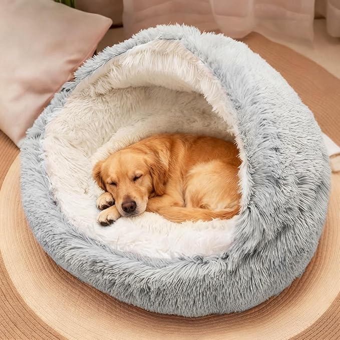 ShinHye Round Plush Fluffy Hooded Cat Bed Cave, Cozy for Indoor Cats or Small Dogs, Waterproof Bottom, Washable(30 in)
