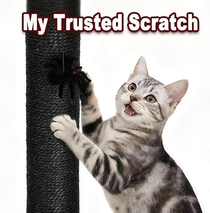Gothic Cat Scratching Post with Bed, 34" Tall Cat Scratcher for Indoor Cats - Modern Sisal Scratch Post with Spider Dangling Toys for Kittens and Adult Cats