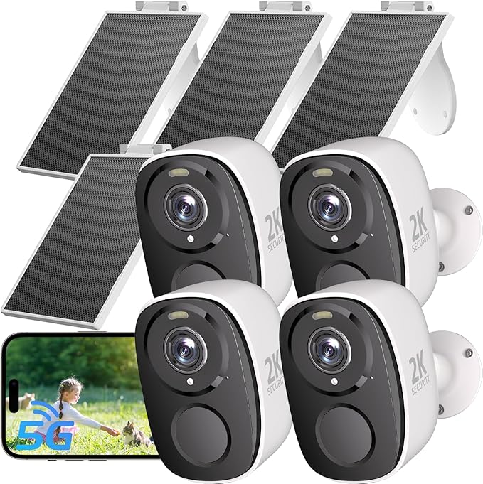 ELECCTV 2.4&5ghz WiFi Solar Security Cameras Wireless Outdoor,2K QHD Home Security System, 4 Cameras Kit with 130° Ultra-Wide View, 2-Way Talk, IP65,Color Night Vision, Spotlight & Siren (4, White)