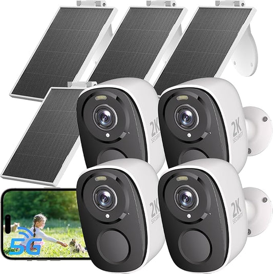 ELECCTV 2.4&5ghz WiFi Solar Security Cameras Wireless Outdoor,2K QHD Home Security System, 4 Cameras Kit with 130° Ultra-Wide View, 2-Way Talk, IP65,Color Night Vision, Spotlight & Siren (4, White)