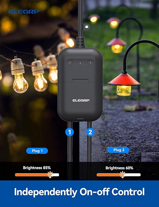 ELEGRP PQR21 Outdoor Smart Dimmer Plug Waterproof IP66, Smart WiFi Plug with 2 Individually Sockets, Compatible with Alexa & Google Assistant, Outdoor Dimmer for String Lights, UL Listed, 1 Pack