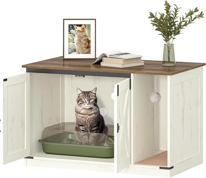 Cat Litter Box Enclosure, Hidden Litter Box Cabinet Furniture with Bell, Indoor Cats House, Farmhouse Style, 39.4 x 21.7X 24.8 Inches for Hallway, Bedroom, Rustic Brown and White CB85214X