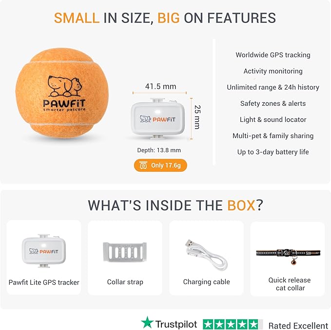 Pawfit Lite for Cats 4g GPS Tracker | Real Time Tracking | Activity Monitoring |Location History | Unlimited Range | Safety Collar Included | Simply White