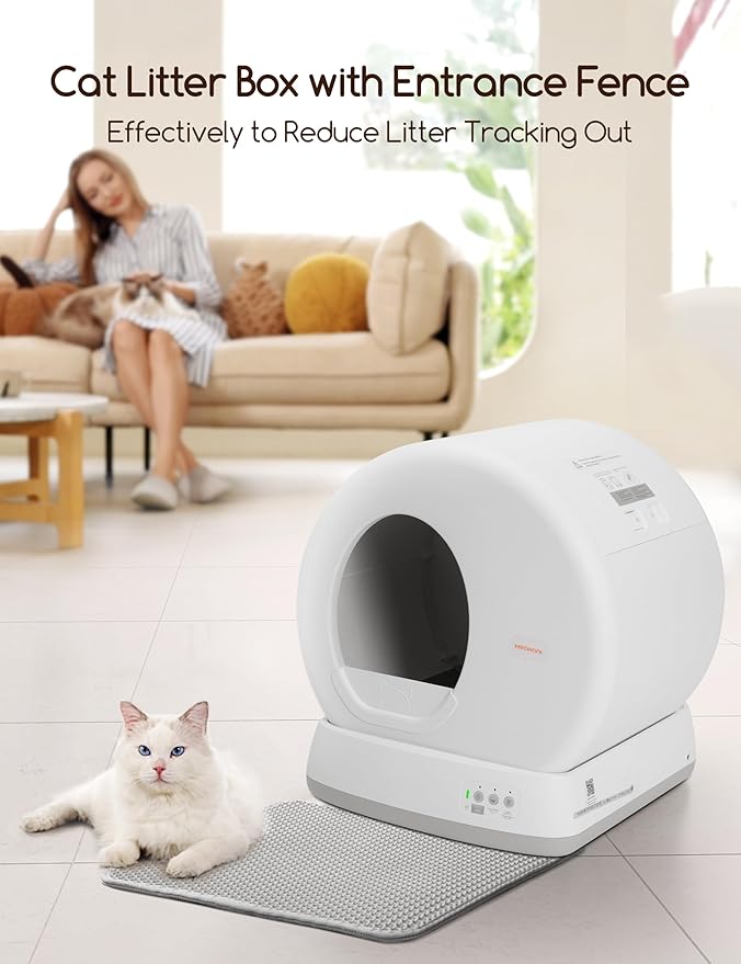 MeoWant Self-Cleaning Cat Litter Box, Integrated Safety Protection Automatic Cat Litter Box for Multi Cats, Extra Large/Odor Removal/APP Control Smart Cat Litter Box with Mat & Liner
