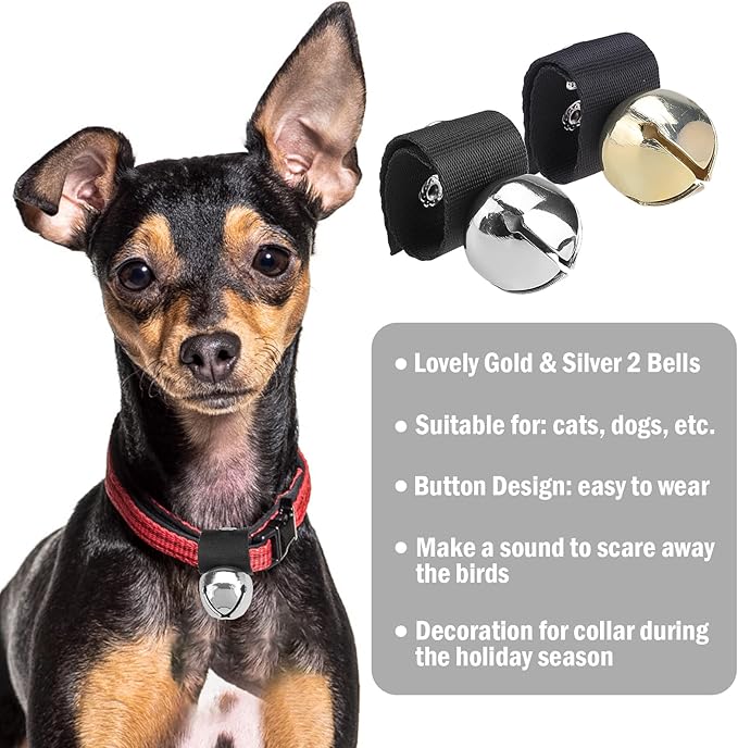SCENEREAL Dog Collar Bell for Training, Hiking, Walking, Hunting, Pet Tracker, 2 Pack 1.0" Extra Loud Pet Bell for Save Wildlife and Birds (Bear Bell, Cow Bell) Gold | Silver for Small Medium Dogs