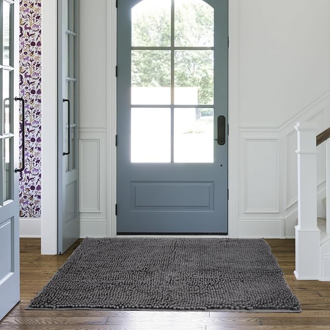 Chenille Absorbent Front Door Mat 48" x 24", Dog Door Mat for Muddy Paws, Trap Dirt Doormat, Mud Mat for Dogs, Washable Non Slip Outdoor Indoor Doormats for Entryway, Grey