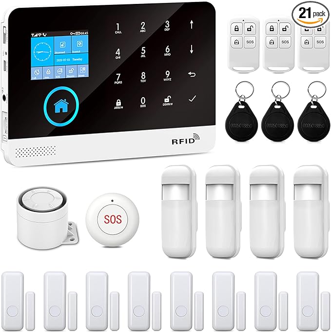 YBJ 21-Piece-Kit WiFi Alarm System for Home Security, DIY 4G Smart Home Security System, Wireless Home Alarm System with APP Control, Motion Detector, Door Window Sensor, Siren,Work with Amazon Alexa