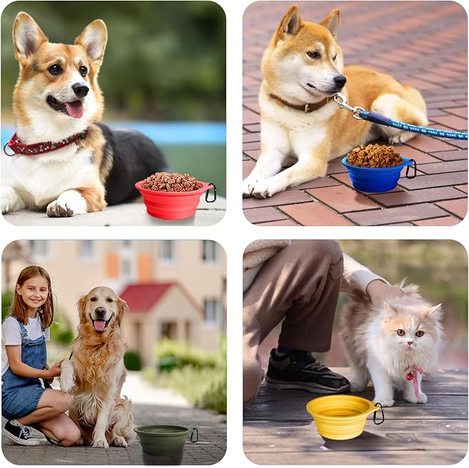 PetBonus 2-Pack Large Silicone Collapsible Dog Bowls, 34oz/1000ml BPA Free Portable Foldable Travel Bowl for Pet Cat, Food Water Feeding Dish for Camping with 2 Carabiners (Army Green, Blue)