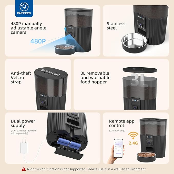 PAPIFEED Automatic Cat Feeder with Camera, Adjustable Angle 2.4G WiFi Pet Feeder,3.5L/15 Cup Timed Dispenser,Timed Feeder for Remote Feeding with Stainless Steel Bowl up to 10 Meals Per Day with APP