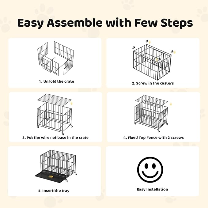 Heavy Duty Indestructible Dog Crate 48in with Removable Trays, Escape-Proof Double Door for High Anxiety Dog, Kennel with Lockable Wheels for Medium Large XL XXL Dogs