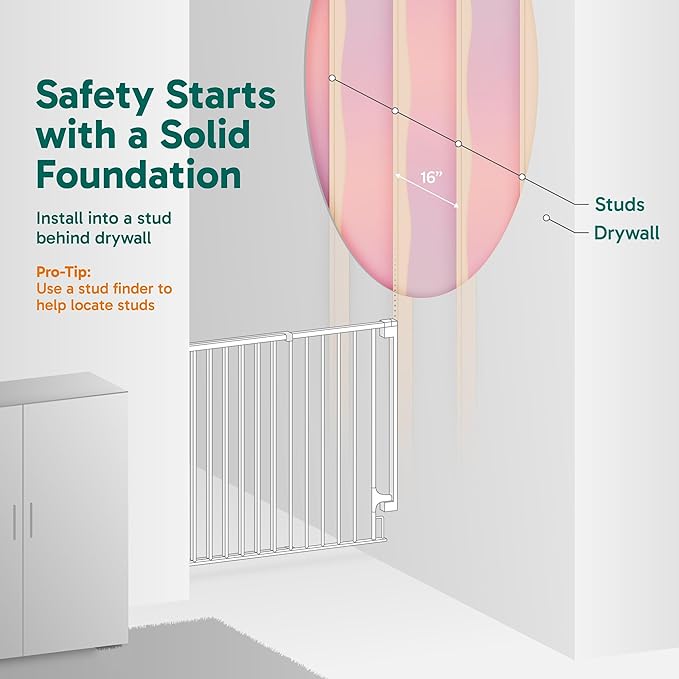 Cumbor 34" Extra Tall No Bottom Bar Baby Gate for Stairs, Wall Mounted Dog Gate Indoor for Larger Pets, Expandable 29.2-43" Safety Gate for Doorways, Wide Walk Thru Door for Easy Access (White)