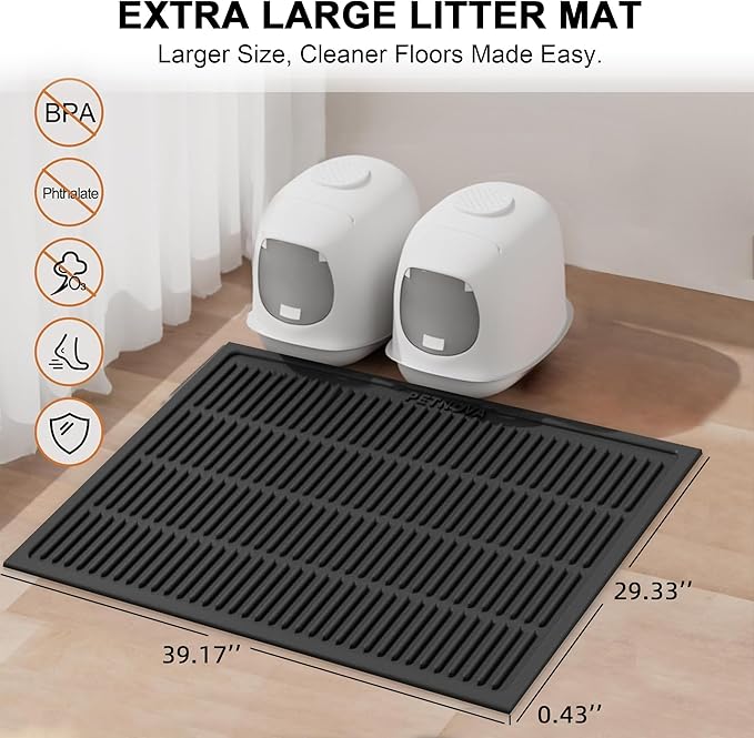 PetNova Extra Large Litter Mat: XL 39"x29" Silicone Waterproof Groove Design Litter Trapping Mat Easy to Clean for Multiple-Cats - Jumbo Non-Slip Cat Box Rug for Floor (Black)
