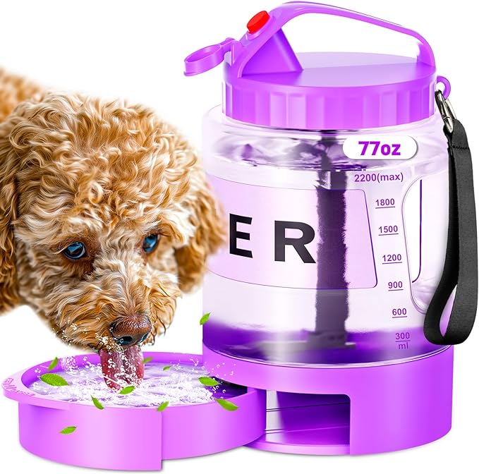 77oz Large Dog Water Bottle - Portable Travel Dog Water Dispenser & Bowl - Leak-Proof Pet Water Jug for Hiking, Camping, Walking & Car Trips, Purple