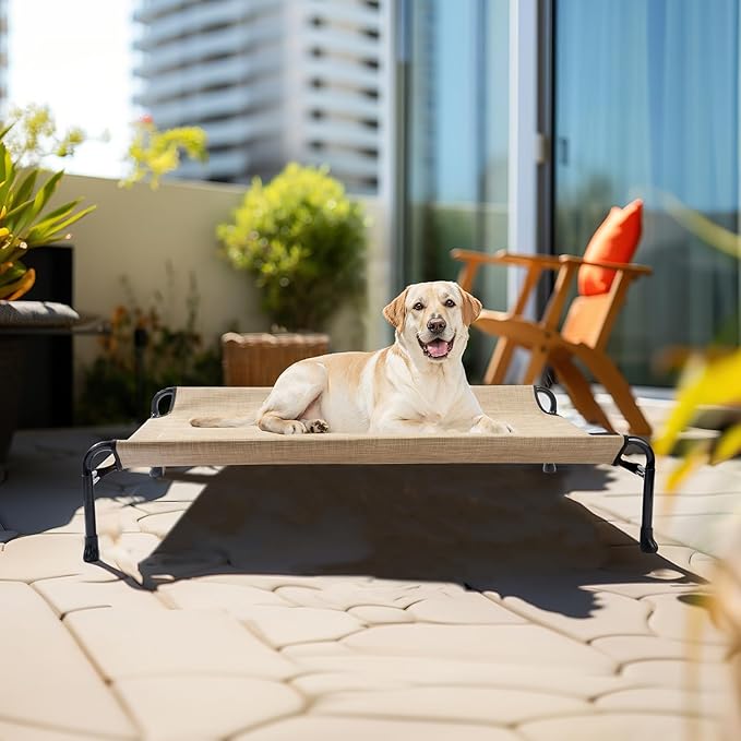 Veehoo Elevated Dog Bed, Raised Dog Cots for Large Dogs, Waterproof Outdoor Dogs Bed, Cooling Pet Hammock with Guardrail, Upgraded Non-Slip Feet, Breathable Teslin Mesh, Beige Coffee, 41x 27 inches