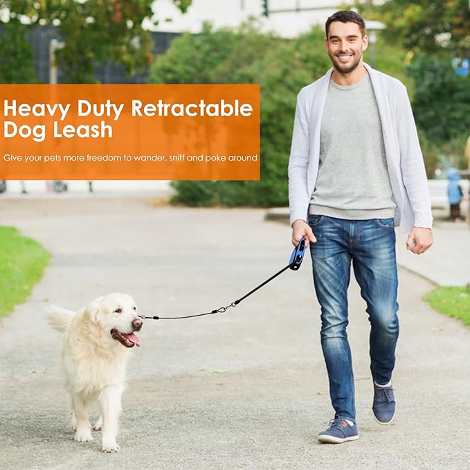 Retractable Dog Leash with Chew Proof Cable and LED Flashlight, 16Ft Heavy Duty Dog Leash for Medium Large Dogs up to 110lbs, 360° No Tangle (Blue+16ft+LED)