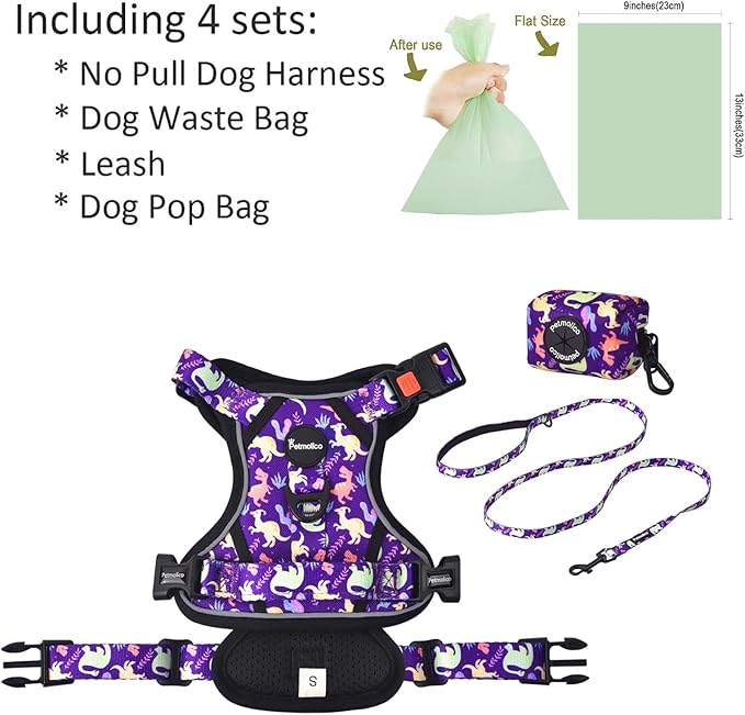 Petmolico No Pull Dog Harness Set,4 Leash Attchment Easy Control Handle Reflective Vest Dog Harness and Leash Set for Small Breed, with Poop Bag Holder,Small-Purple Dinosaur