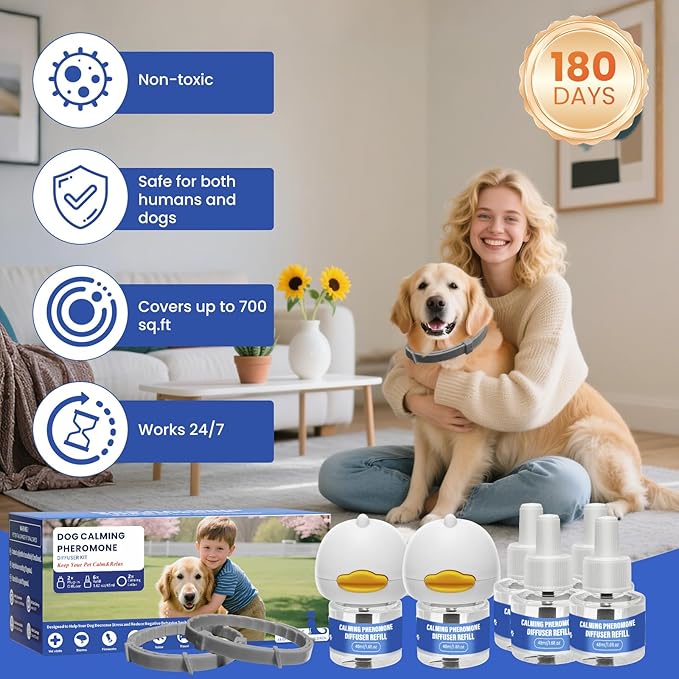 10 Pack Dog Calming Diffuser, Relaxing Pheromone for Dogs Relief Stress Reduce Barking Aggression Scratching(2 Diffuser + 6 Refills + 2 Calming Collars)
