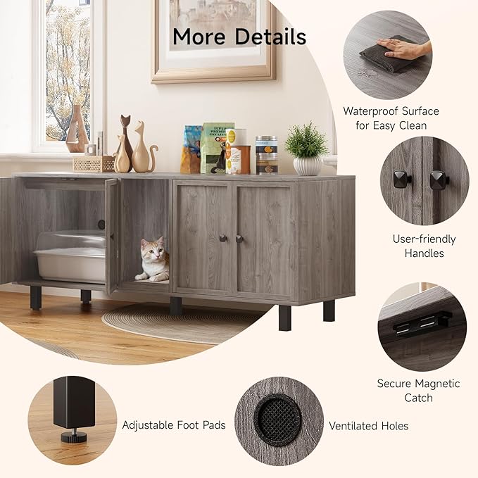 ONBRILL 59 Inches Cat Litter Box Enclosure for 2 Cats, Hidden Litter Boxes Furniture with Cat Scratch Pad, Large Indoor Pet House with Double Room, Wooden TV Stand Side Table, Grey