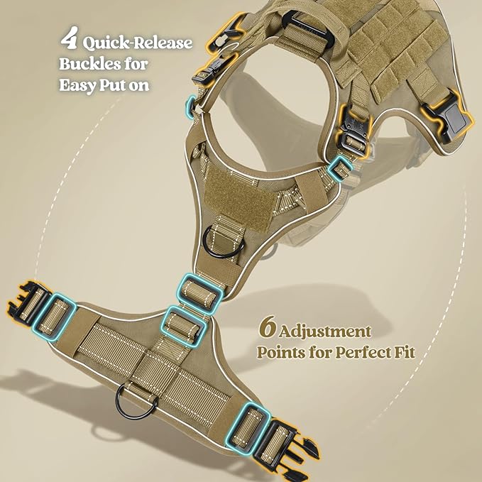 rabbitgoo Tactical Dog Harness for Large Dogs, No Pull Upgraded Reflective Heavy Duty Molle Vest with Handle, Adjustable Military Service Dog Vest for Walking Hiking Training, Brown, XL