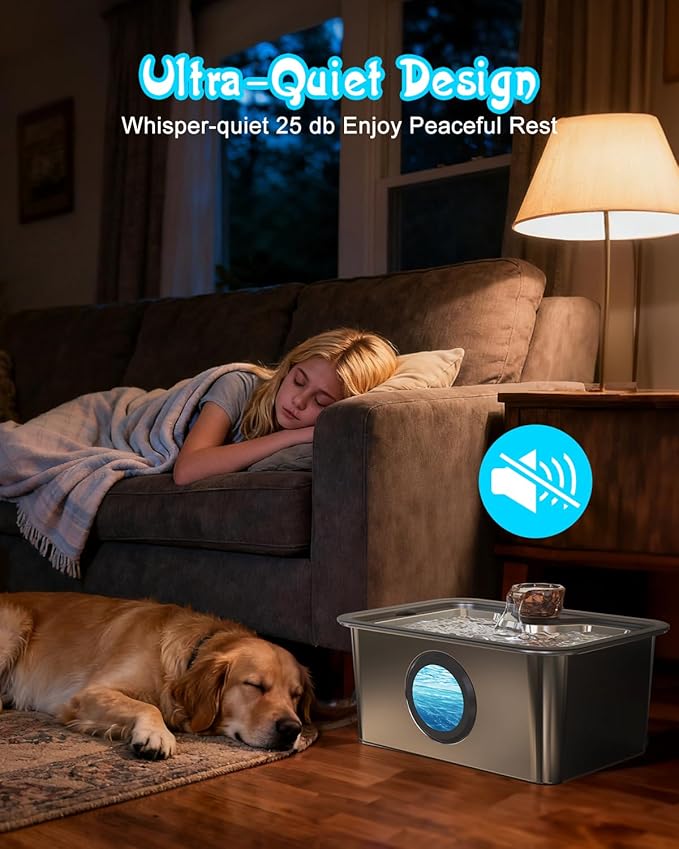 Stainless Steel Dog Water Fountain: 3-Gal Large Capacity, Ultra Quiet with Filter for Fresh Flow Water | Perfect for Large Breed Dogs& Multi-Pet Homes, 2m Long Power Cord for Indoor and Outdoor Use